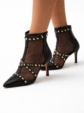 Studded Mesh Ankle Sandal - Black with Gold Accents